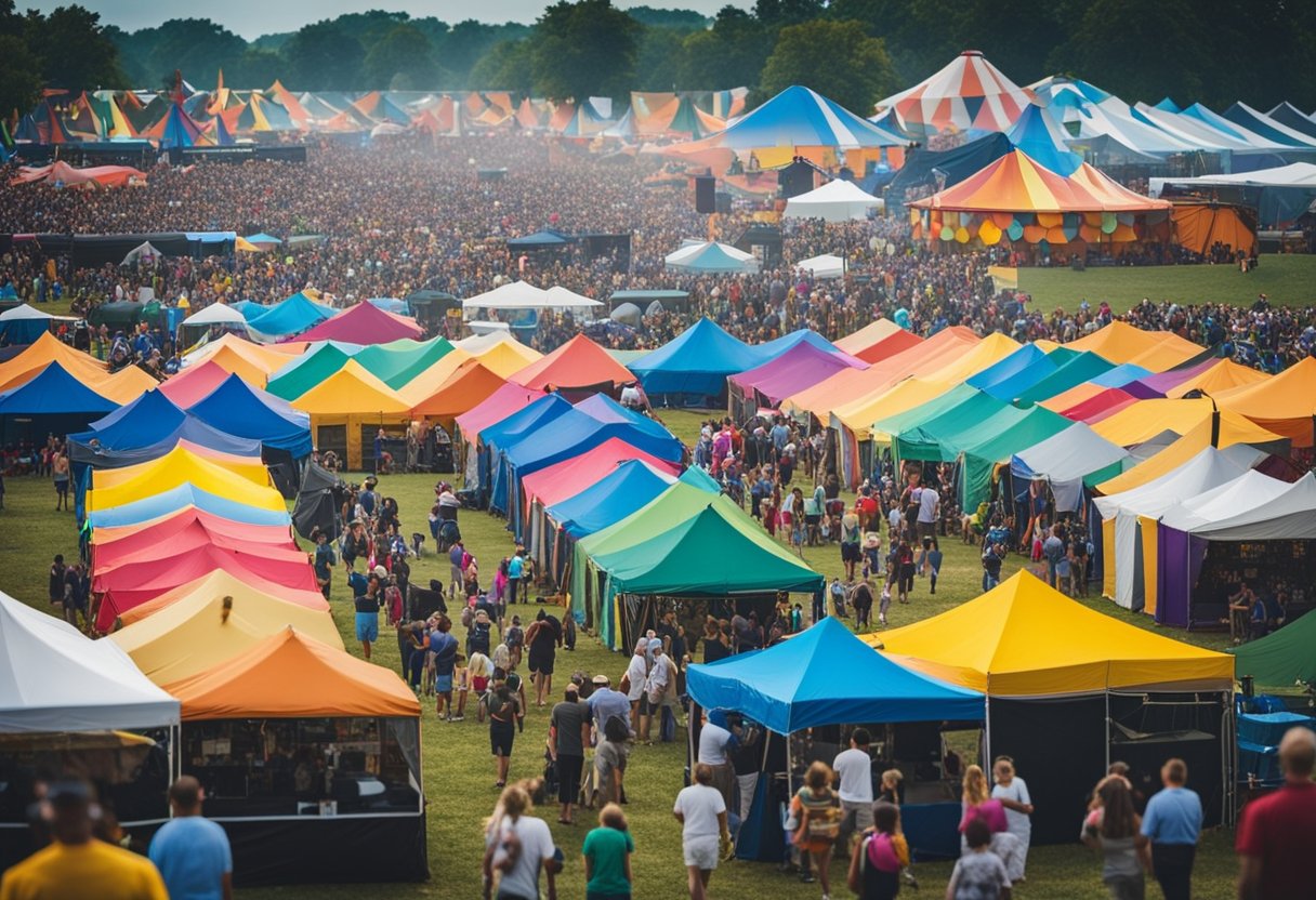 Crowds gather at a vibrant summer festival in Missouri. Colorful tents, lively music, and joyful families fill the scene with excitement and celebration