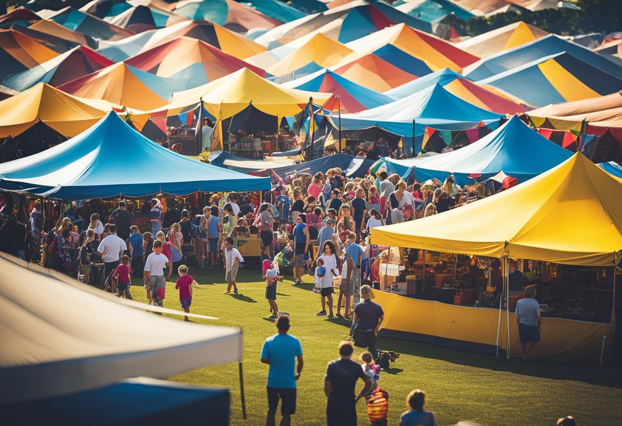 Colorful tents line the bustling fairgrounds, filled with lively music and joyful laughter. Children play games and families enjoy the summer festivities under the warm Missouri sun