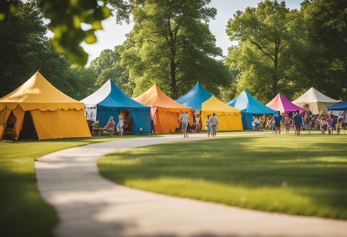 A vibrant summer scene in Missouri: colorful festival tents, families enjoying outdoor activities, lush greenery, and a sense of joy and relaxation
