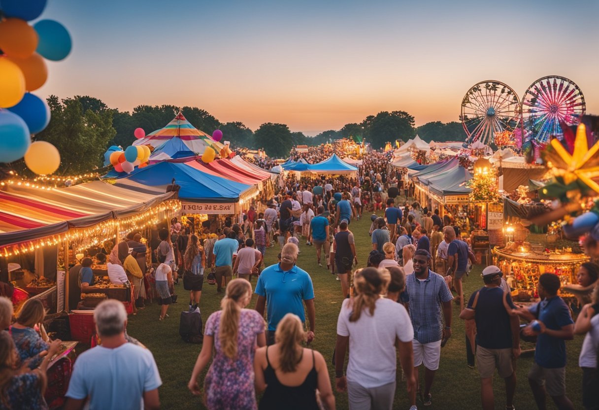 A vibrant scene of diverse people enjoying summer festivals and fairs in Missouri, with colorful decorations, food stalls, and joyful activities for families