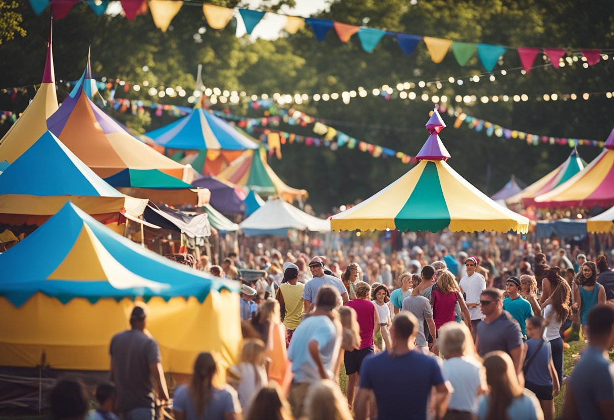 A bustling Missouri summer scene: colorful festival tents, lively fair rides, families enjoying outdoor activities