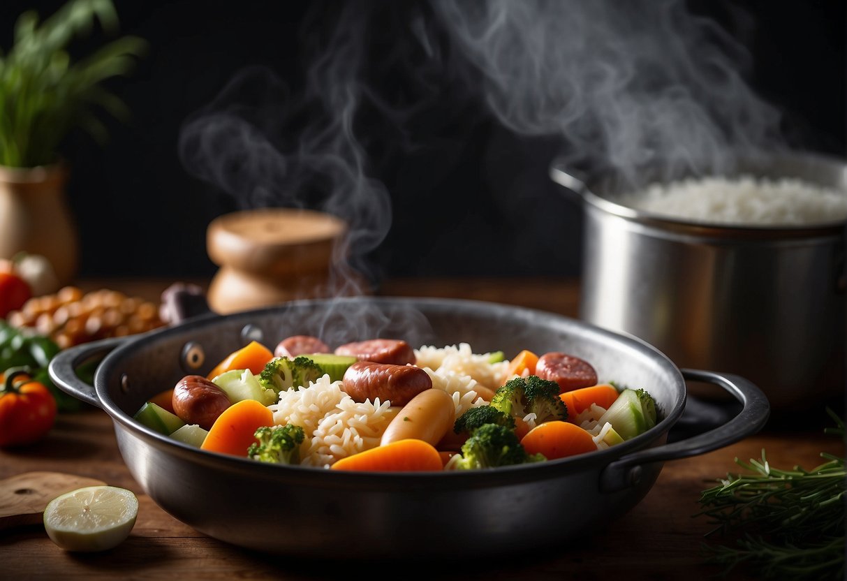 Vegetables, sausage, and rice in a pot. Steam rising. Lid on. Timer set