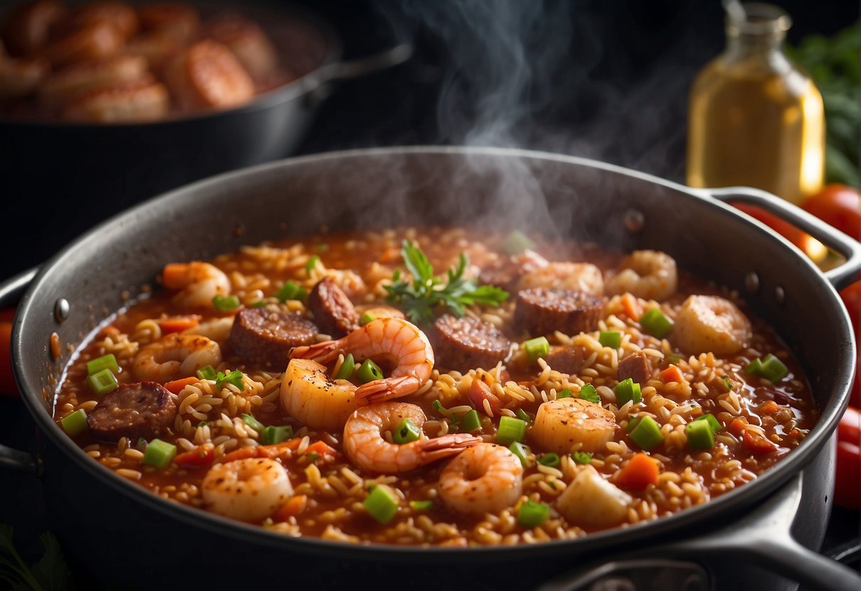 A pot of jambalaya simmering on a stovetop, steam rising, with ingredients like rice, sausage, shrimp, and vegetables visible