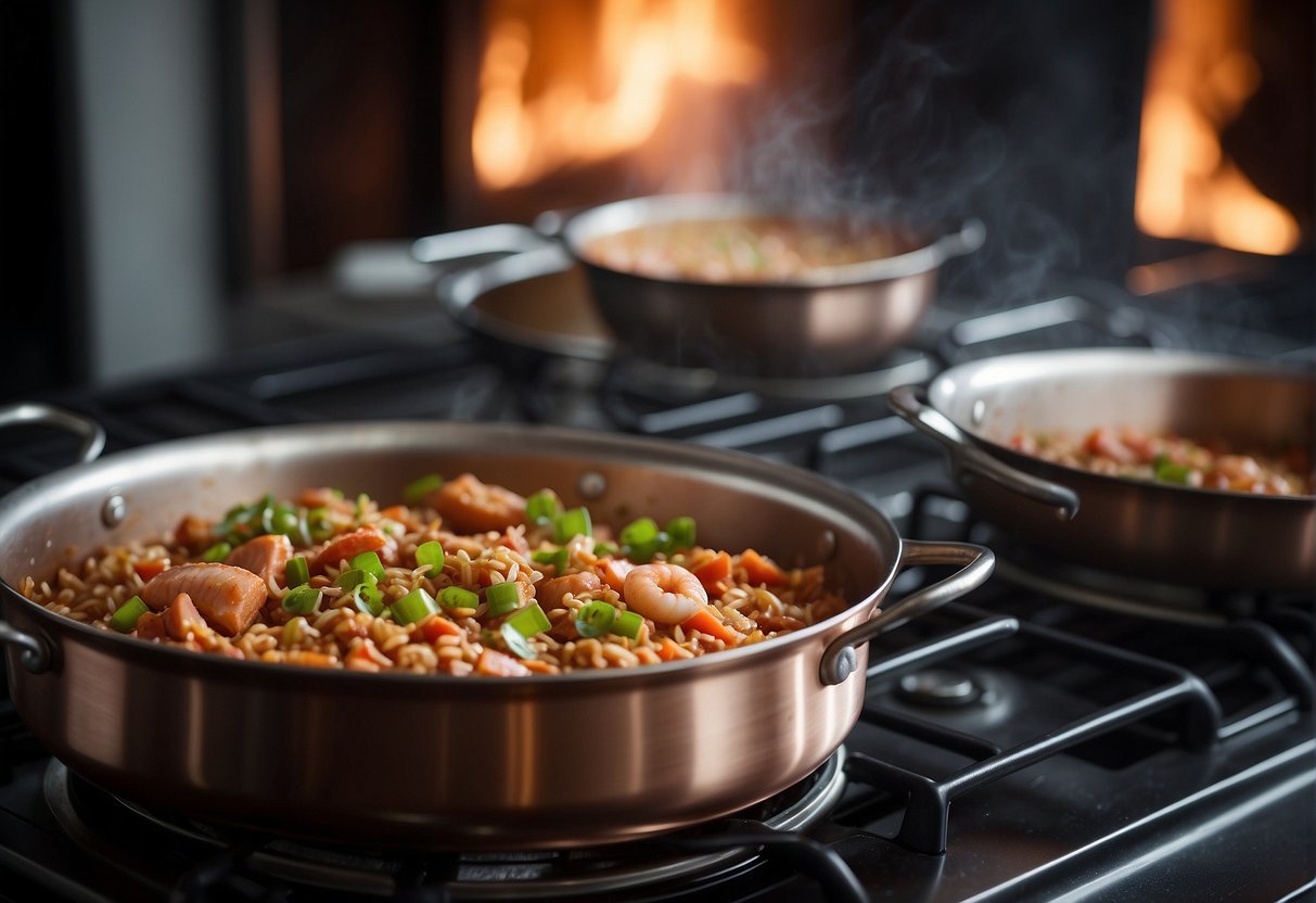A pot of freshly cooked jambalaya sits on a stovetop, steam rising as it cools. Airtight containers and freezer bags are laid out, ready to be filled and frozen