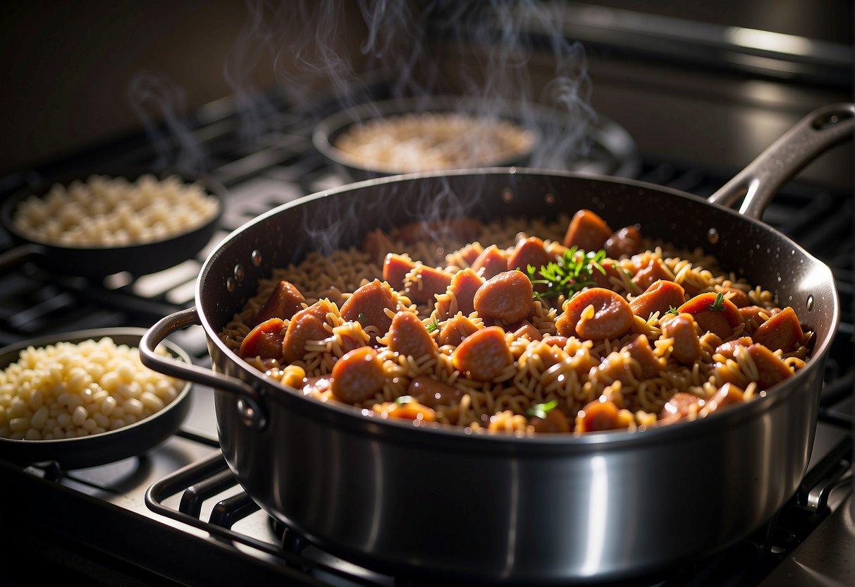 A pot of jambalaya sits on a stovetop, steam rising as it thaws and reheats. A freezer door is open, revealing containers of frozen jambalaya