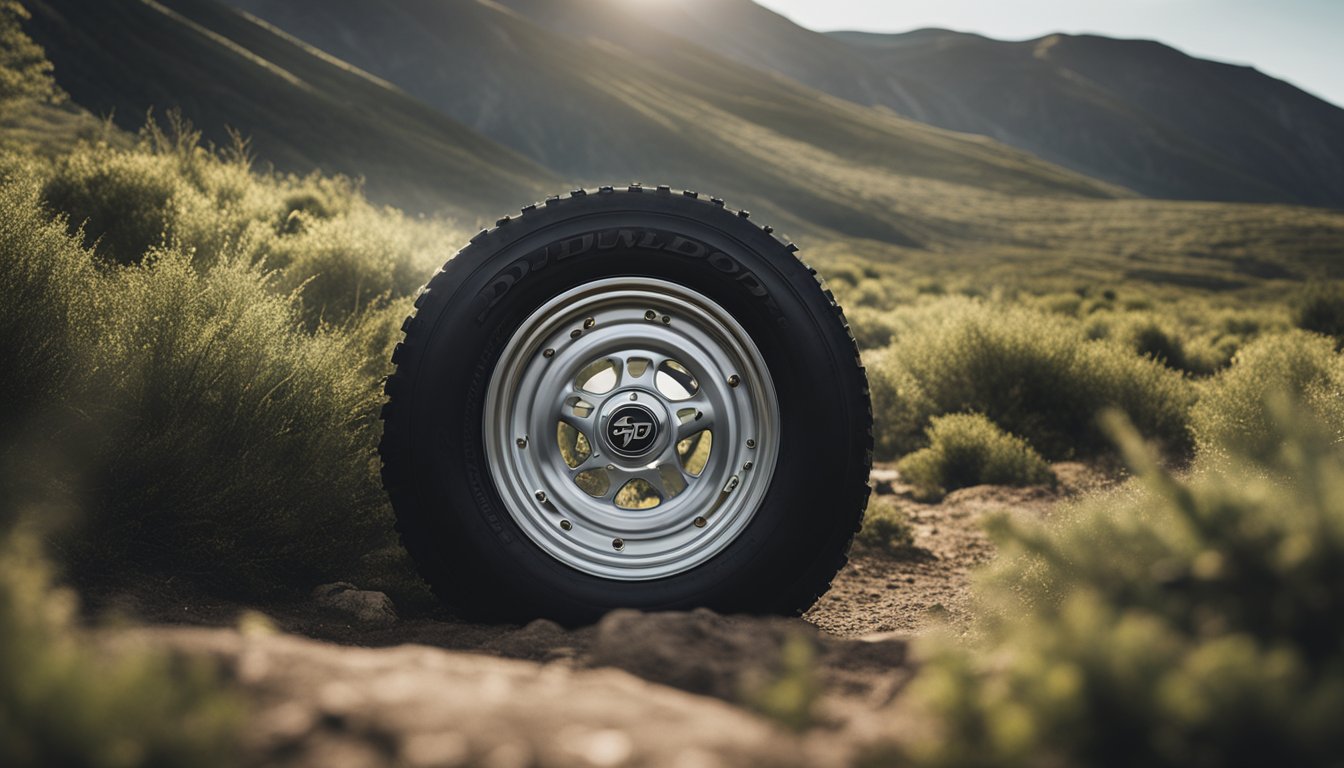 The scene depicts the historic origins of the Dunlop tire brand, with a focus on the iconic logo and a tire rolling across a rugged terrain