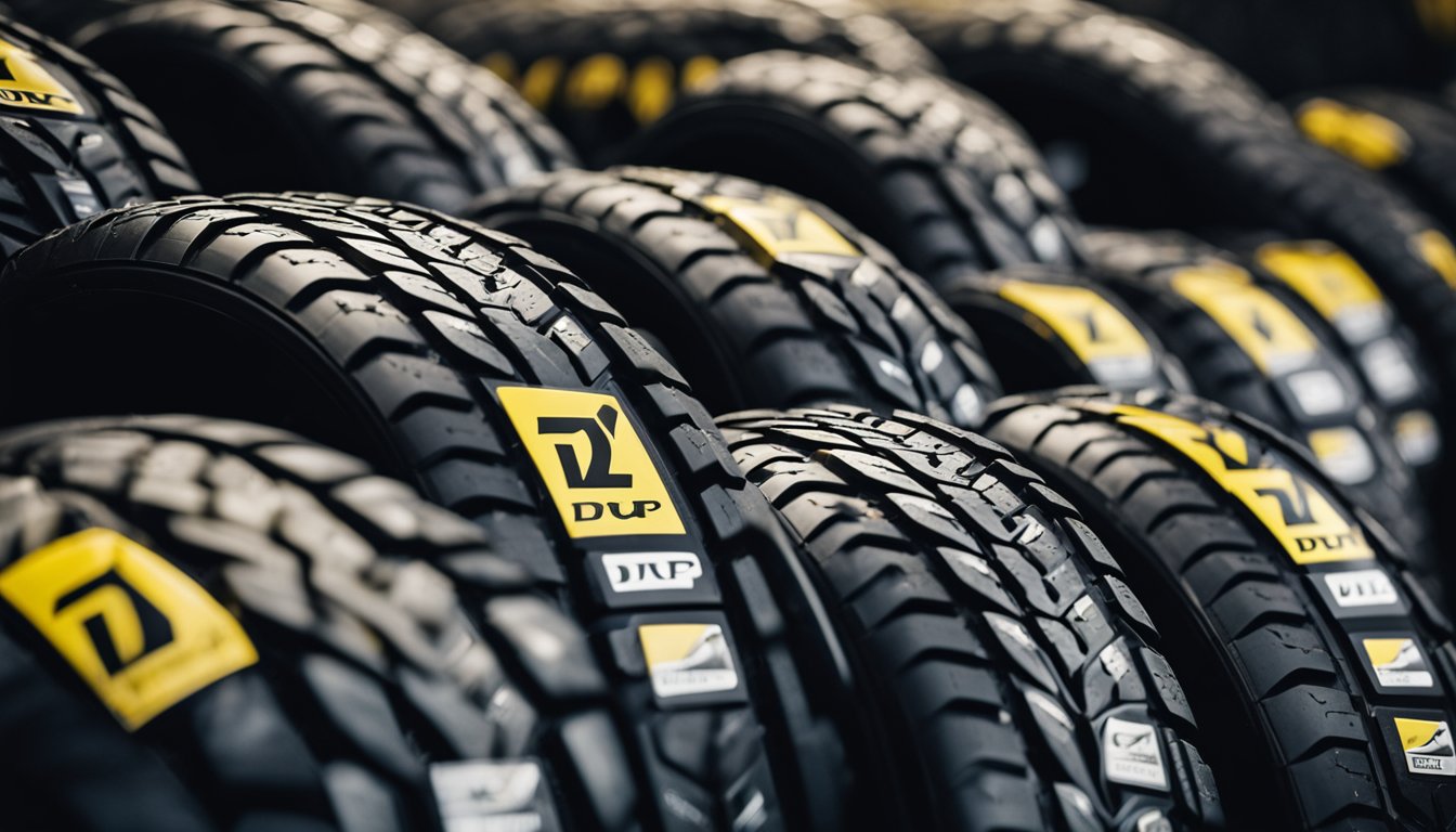 A stack of Dunlop tires arranged in a neat row, with the Dunlop logo prominently displayed