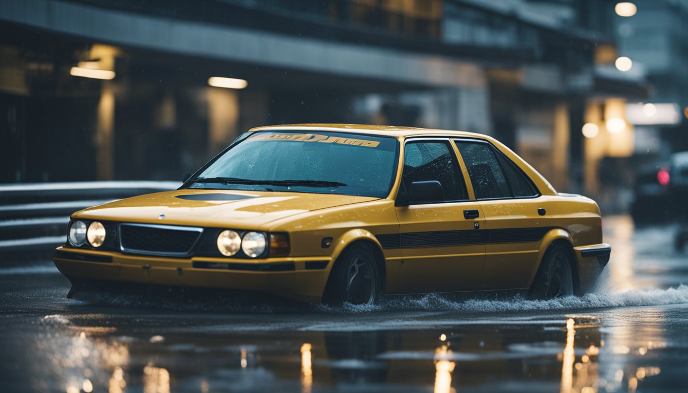 A car smoothly navigates a wet road with Dunlop tires, demonstrating performance and safety