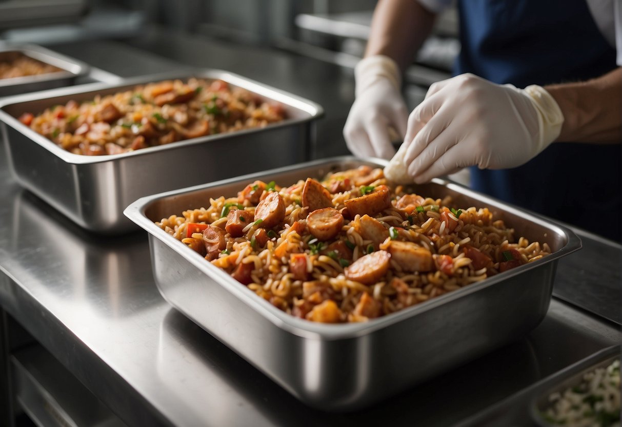 A pot of freshly cooked jambalaya is being carefully transferred into airtight containers. The containers are then sealed and placed in the freezer to prevent freezer burn and maintain the dish's quality