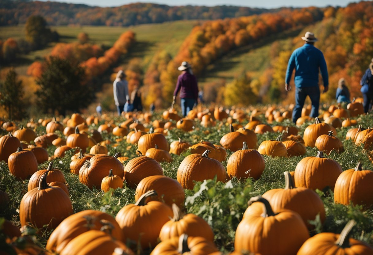 Vibrant orange pumpkins dot the rolling hills of Missouri, surrounded by colorful foliage. Families wander through the patch, picking out the perfect gourd, while nearby, a festive fall festival is in full swing