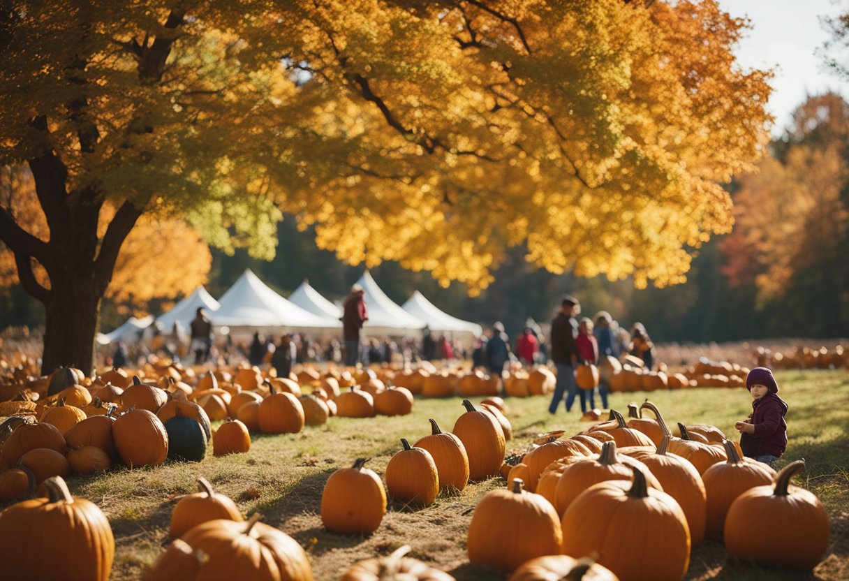Vibrant fall foliage surrounds a charming pumpkin patch with families enjoying hayrides and picking out the perfect pumpkins. Festive tents and activities create a lively atmosphere in the crisp autumn air