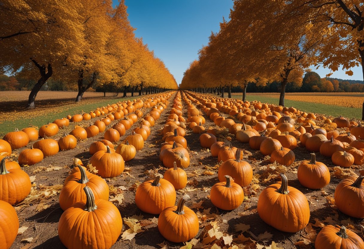 Vibrant orange pumpkins dot the sprawling patch, surrounded by golden leaves and a clear blue sky. Families wander, picking out the perfect pumpkin while children laugh and play