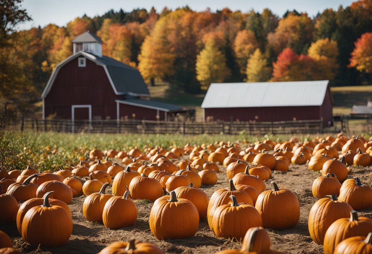 Vibrant pumpkin patches with rows of ripe orange pumpkins, surrounded by colorful autumn foliage and rustic farm buildings. Families enjoying hayrides, corn mazes, and festive activities