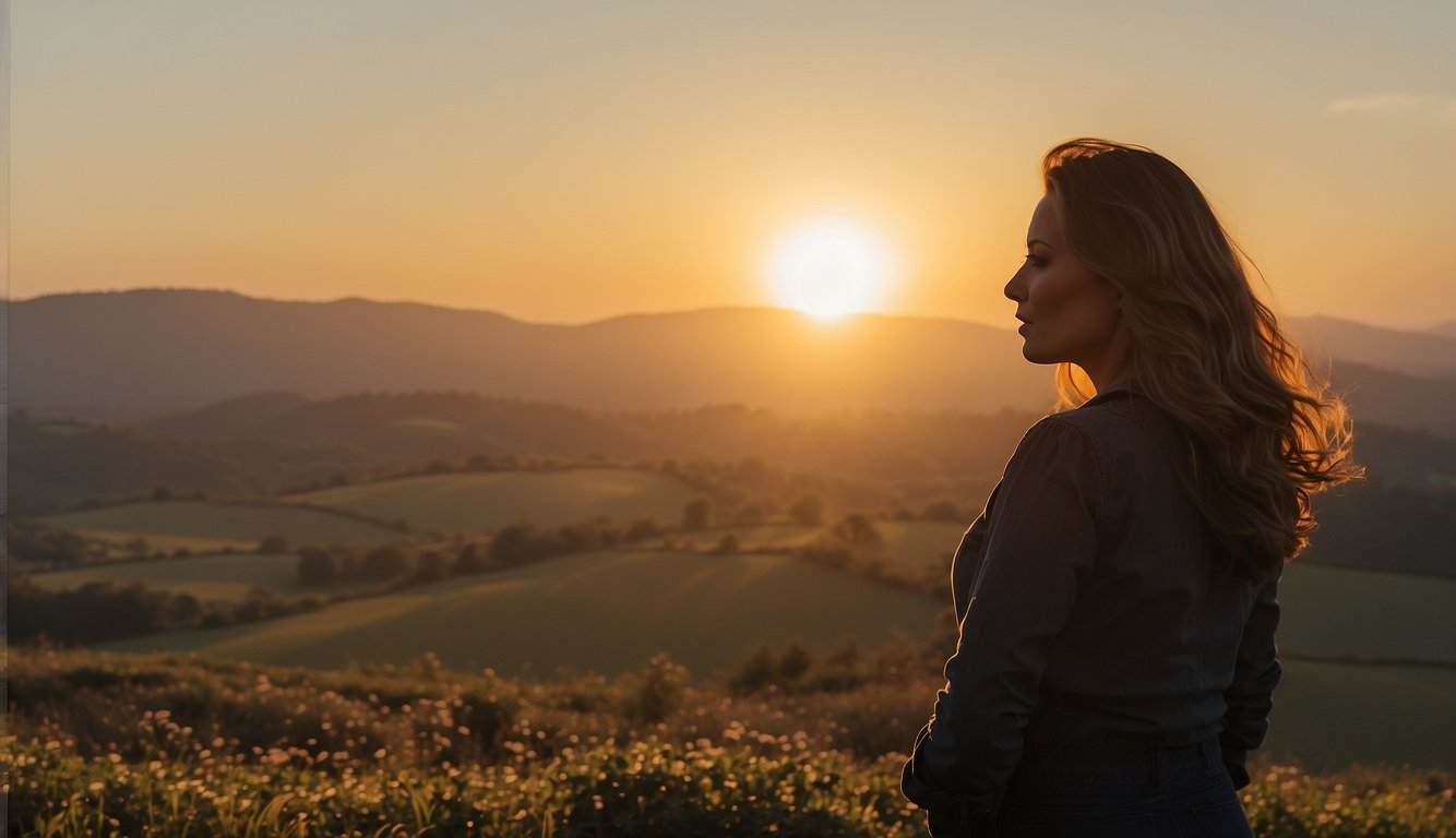 A sun rising over a serene landscape, with a woman's silhouette in the distance, clutching her stomach in discomfort