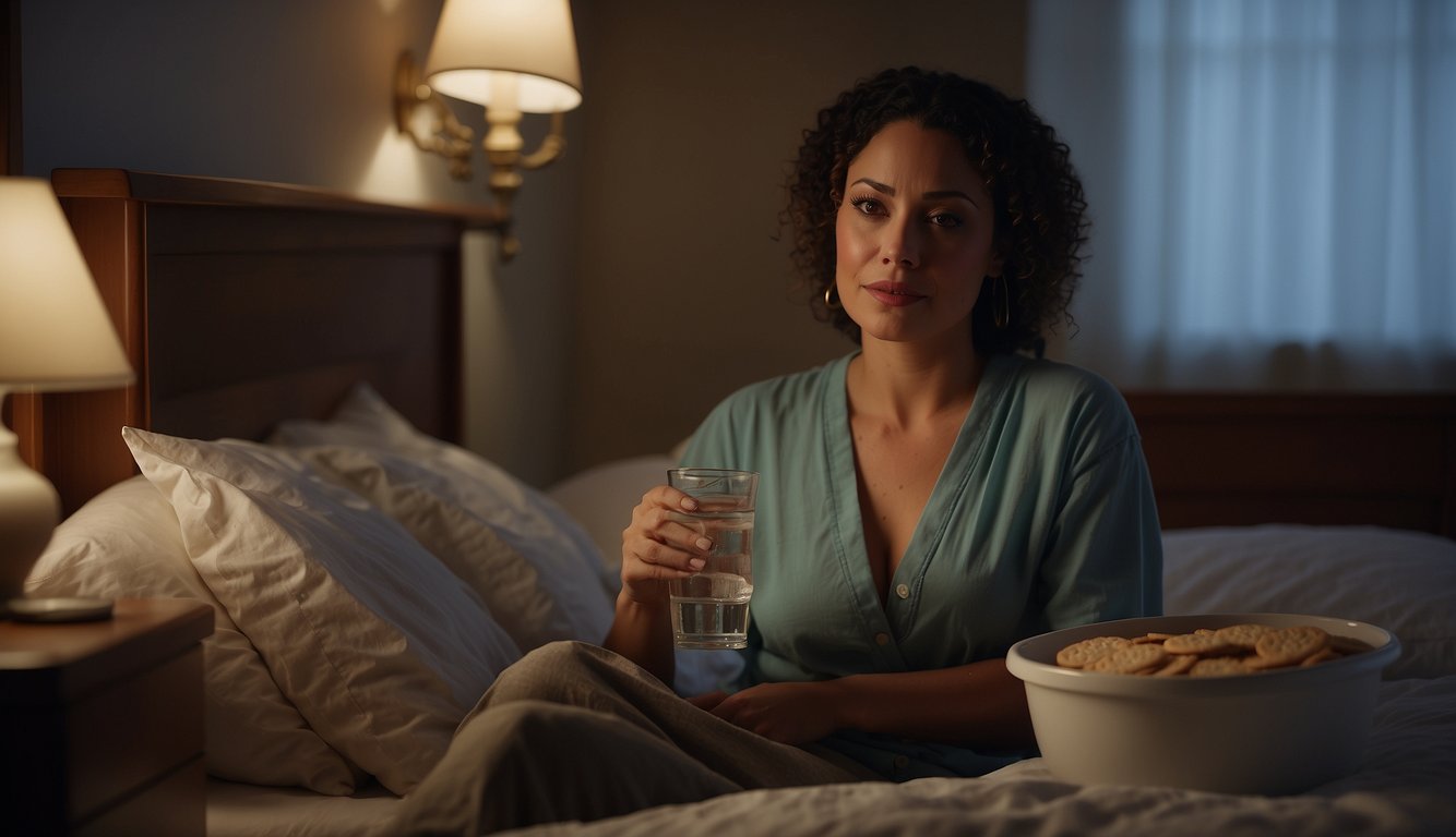 A woman sits in bed, holding a bucket, with a glass of water and crackers on her nightstand. She looks queasy, with a hand on her stomach