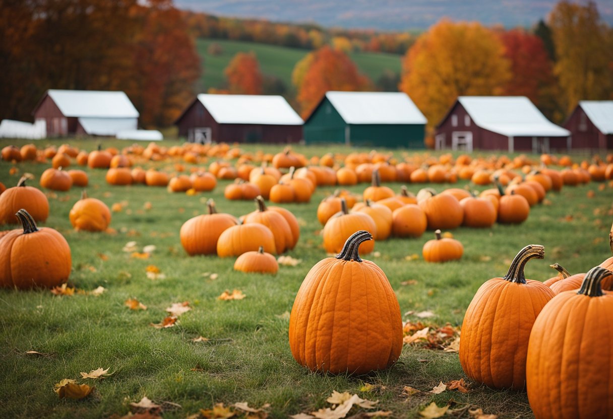 Vibrant orange pumpkins cover the rolling hills of a Missouri farm, surrounded by colorful fall foliage. Families pick their perfect pumpkin while enjoying festive activities and live music at a nearby autumn festival