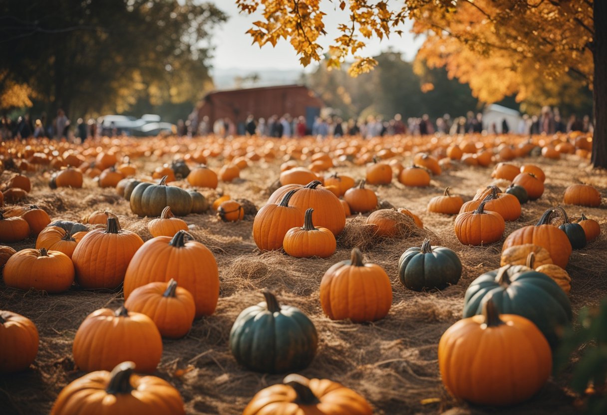 Vibrant orange pumpkins dot the sprawling patch, surrounded by colorful foliage. Families wander through, enjoying hayrides and seasonal treats at lively festivals