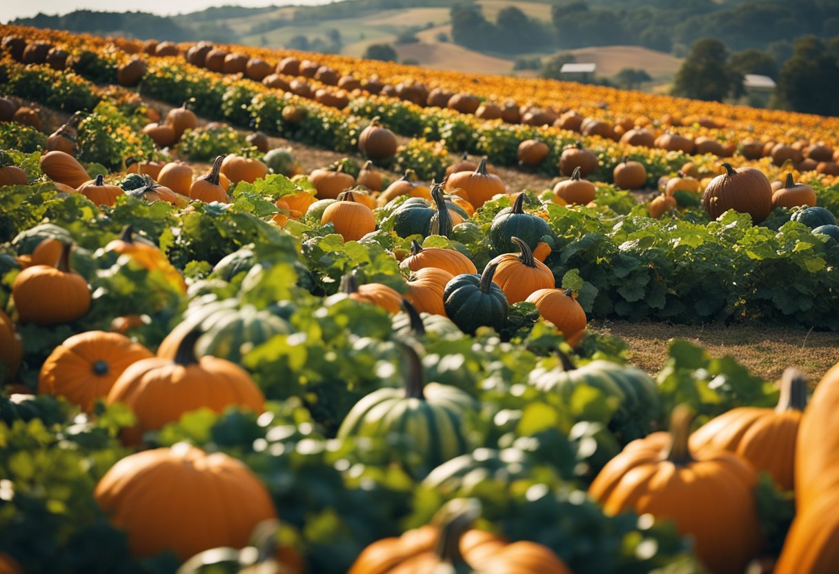 Vibrant leaves cover rolling hills, leading to a charming pumpkin patch with colorful gourds and a lively festival in full swing