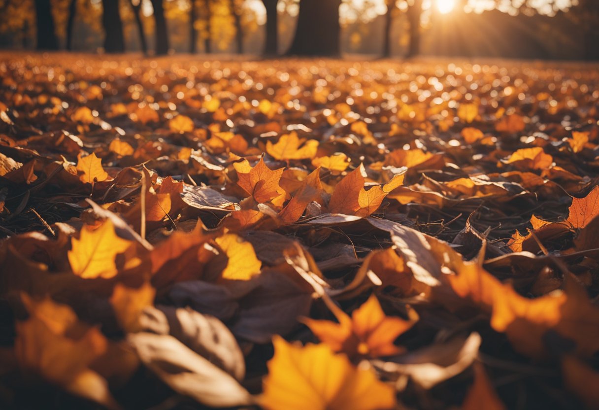 Colorful leaves cover the ground in a Missouri park. Families enjoy pumpkin patches, hayrides, and apple picking. A cozy bonfire warms the crisp autumn air