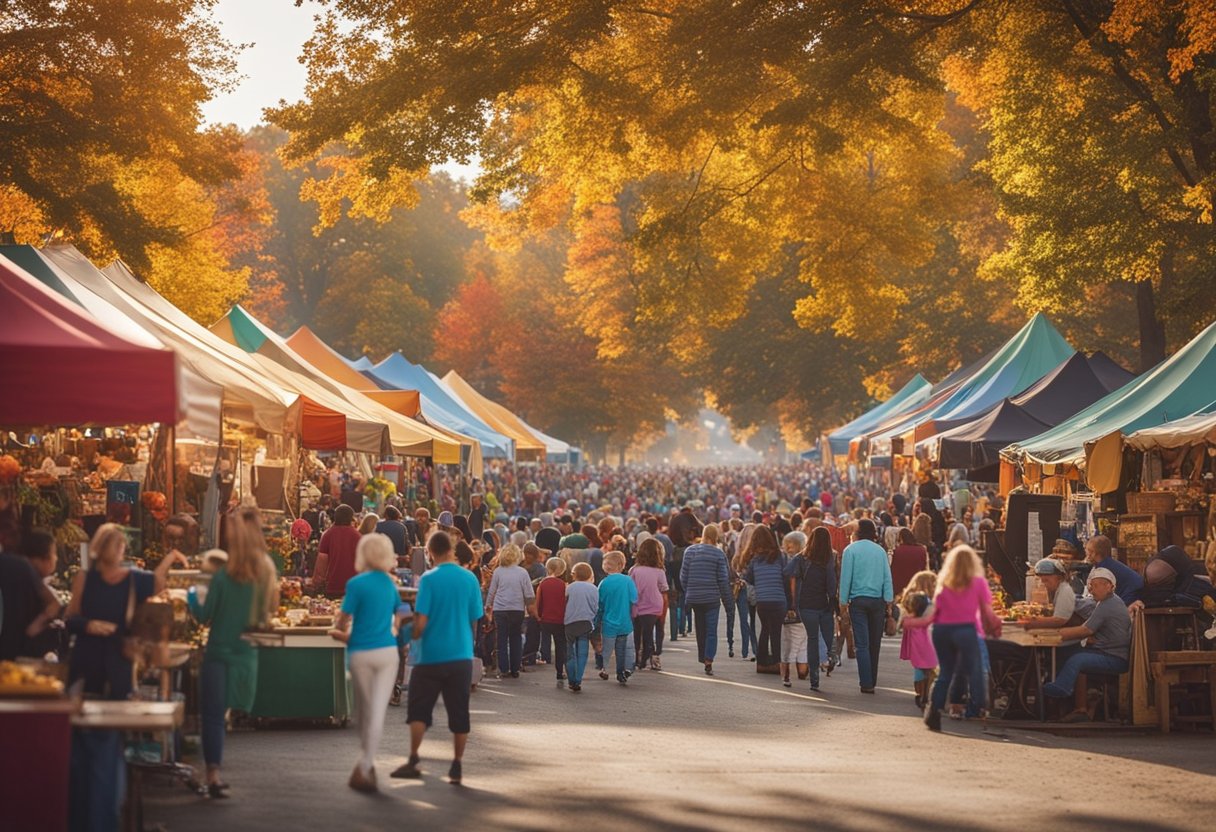 A vibrant scene of a bustling fall festival in Missouri, with colorful booths, live music, and families enjoying activities and attractions