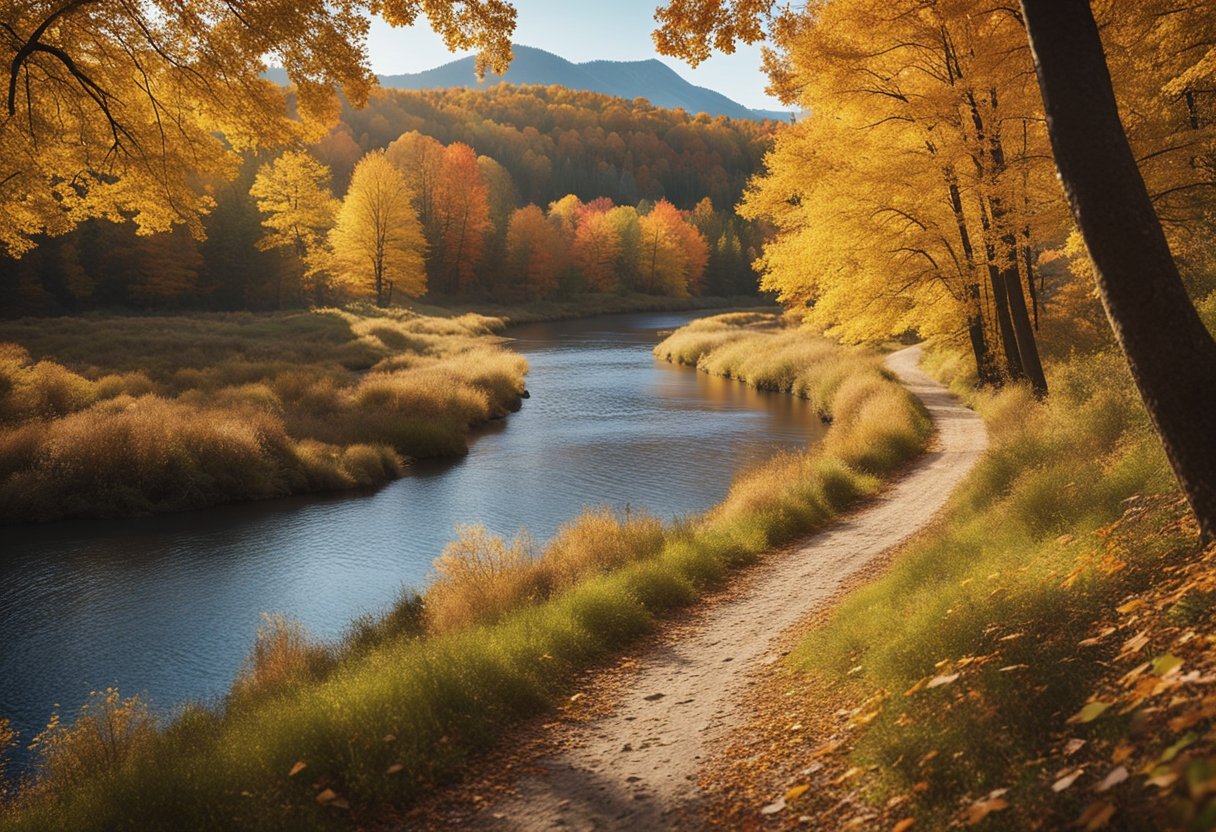 A colorful forest with a winding trail, a flowing river, and a clear blue sky. A family enjoys a picnic by a tranquil lake, surrounded by vibrant autumn foliage