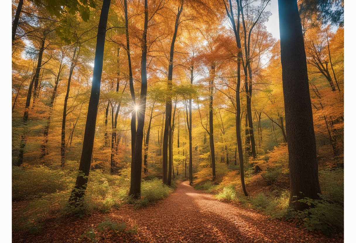 Vibrant leaves blanket the forest floor, as towering trees display a breathtaking array of reds, oranges, and yellows along the winding trails and scenic drives of Missouri's fall landscape