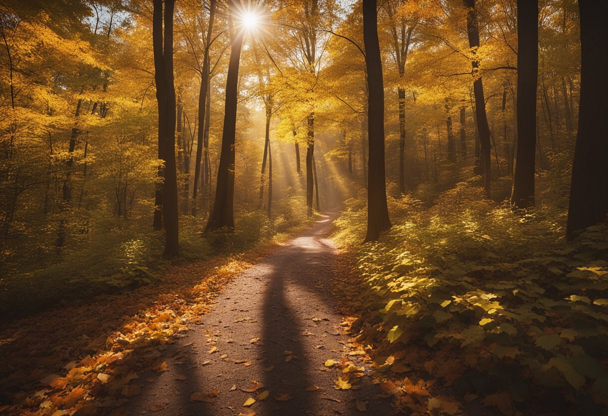 A winding trail through vibrant Missouri woods ablaze with autumn foliage. Sunlight filters through the colorful leaves, casting dappled shadows on the forest floor