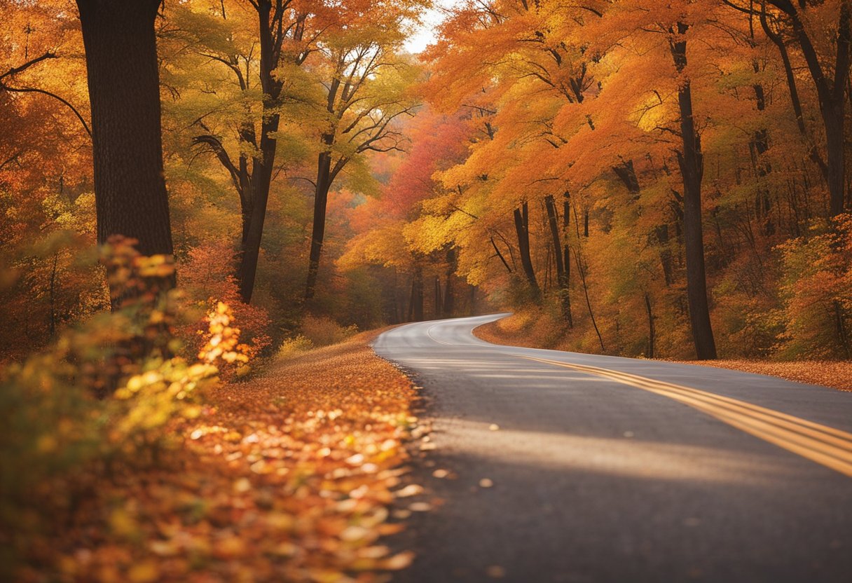 Vibrant autumn leaves cover the winding trails and scenic drives of Missouri. A family enjoys the colorful landscape, surrounded by a mix of red, orange, and yellow foliage