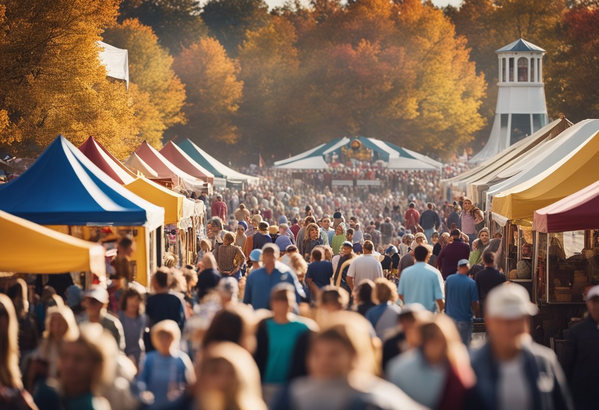 A bustling fall festival with colorful booths, farm animals, and families enjoying agricultural fairs and festivities in Missouri's harvest season