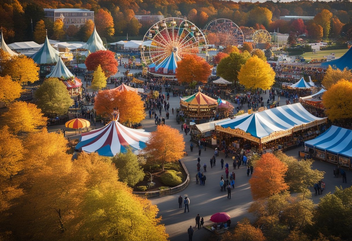 Vibrant fall foliage surrounds bustling fairgrounds with colorful produce displays, lively livestock exhibits, and joyful families enjoying carnival rides and games