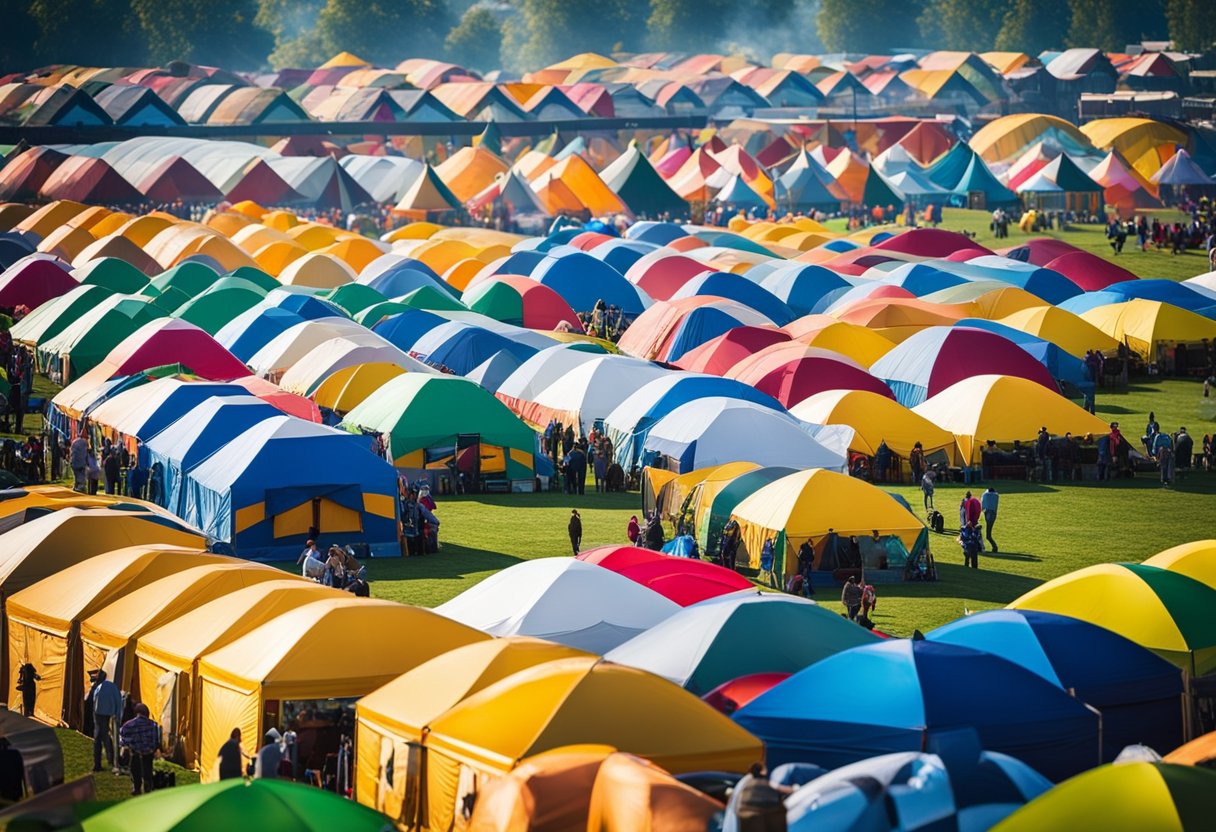 Colorful tents line the fairgrounds, filled with lively music and bustling activity. Families enjoy hayrides, pumpkin patches, and live performances, creating a vibrant and festive atmosphere