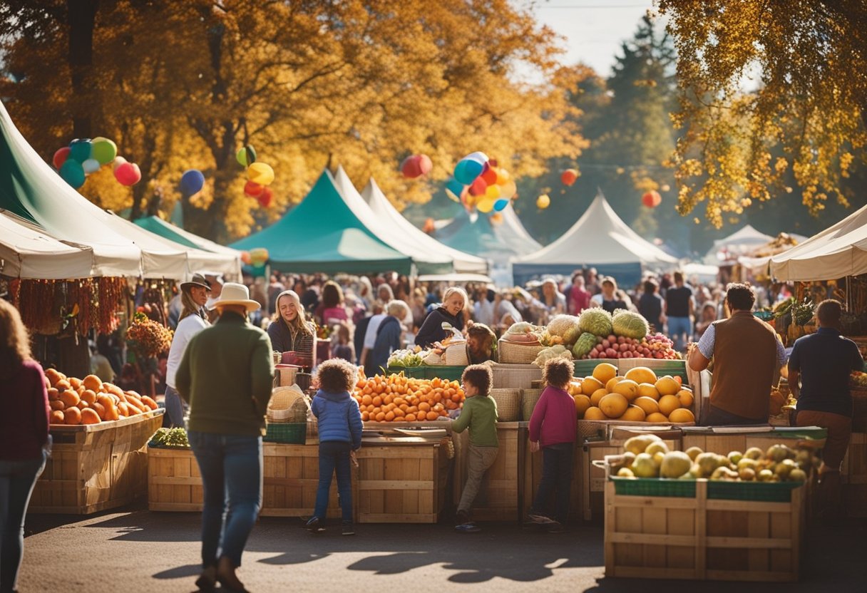 A bustling agricultural fair with colorful produce, lively music, and joyful families enjoying the fall festivities. The air is filled with the scent of fresh hay and the sound of laughter