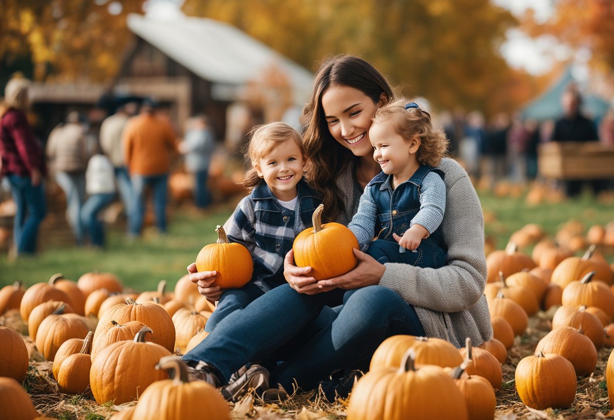 Families enjoying agricultural fairs, pumpkin patches, and apple orchards amidst vibrant fall foliage in Missouri