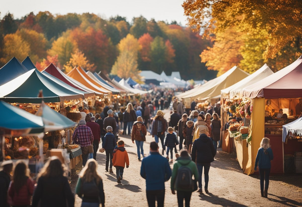 A bustling fall fair with colorful booths, hayrides, and pumpkin patches. Families enjoy live music, food, and games amidst the autumn foliage