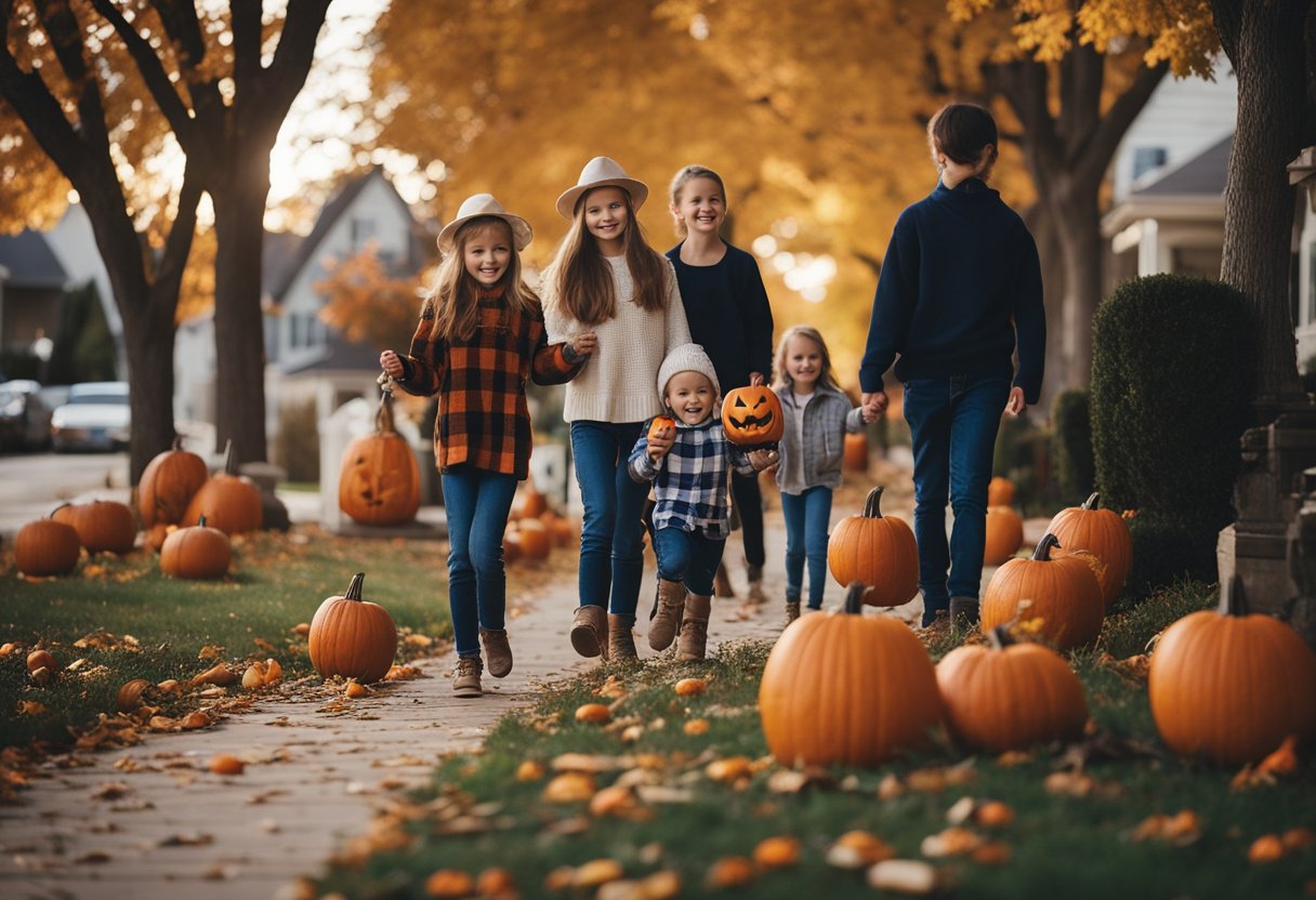 A cozy Missouri neighborhood adorned with jack-o-lanterns, families carving pumpkins, and children excitedly trick-or-treating
