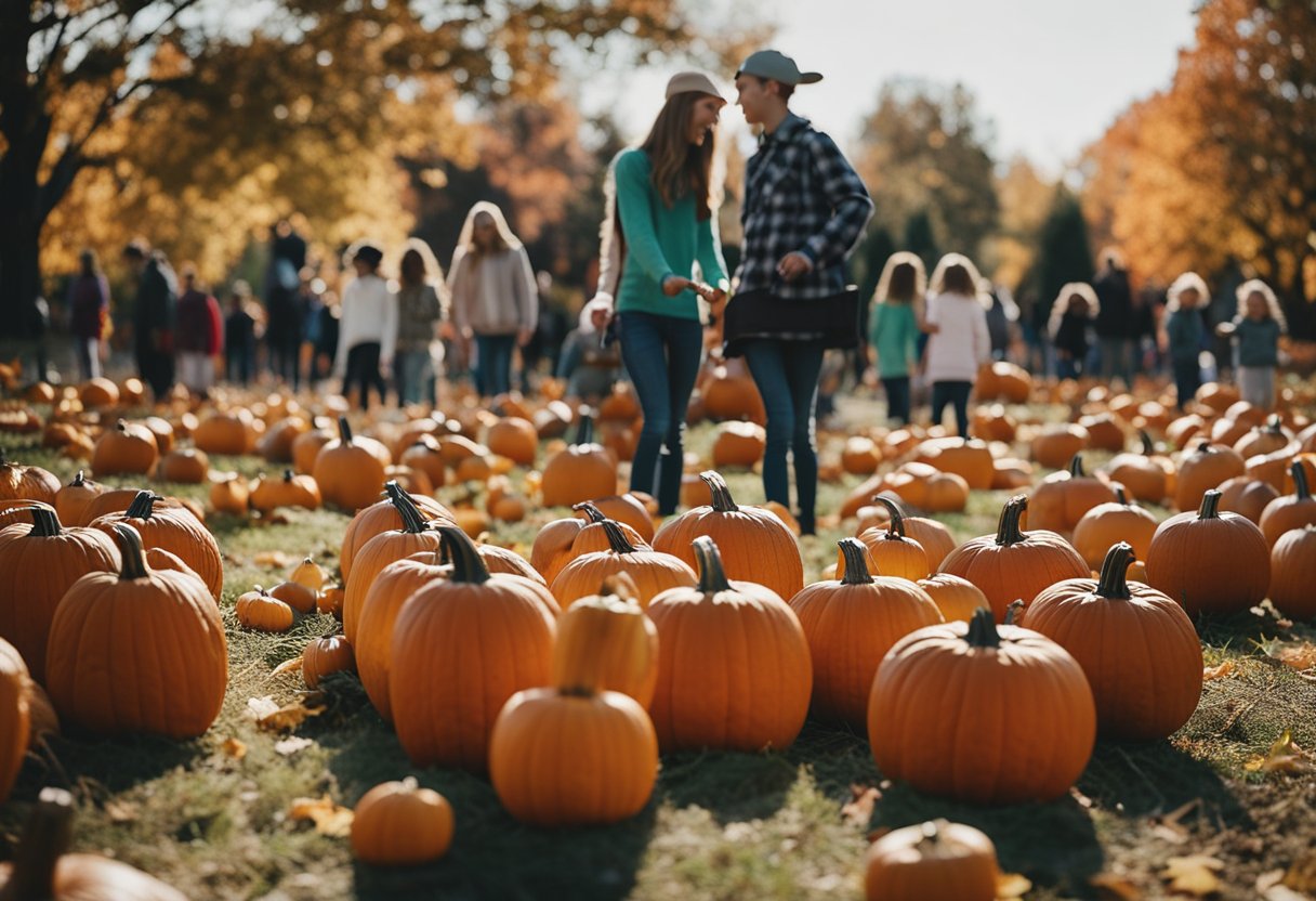 A colorful pumpkin patch with families picking out pumpkins, kids carving jack-o-lanterns, and trick-or-treating in a friendly Missouri neighborhood