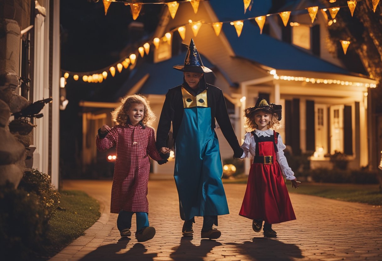 Children in costumes walk along well-lit streets, collecting candy from decorated homes. Parents supervise from a distance, ensuring a safe and enjoyable Halloween experience