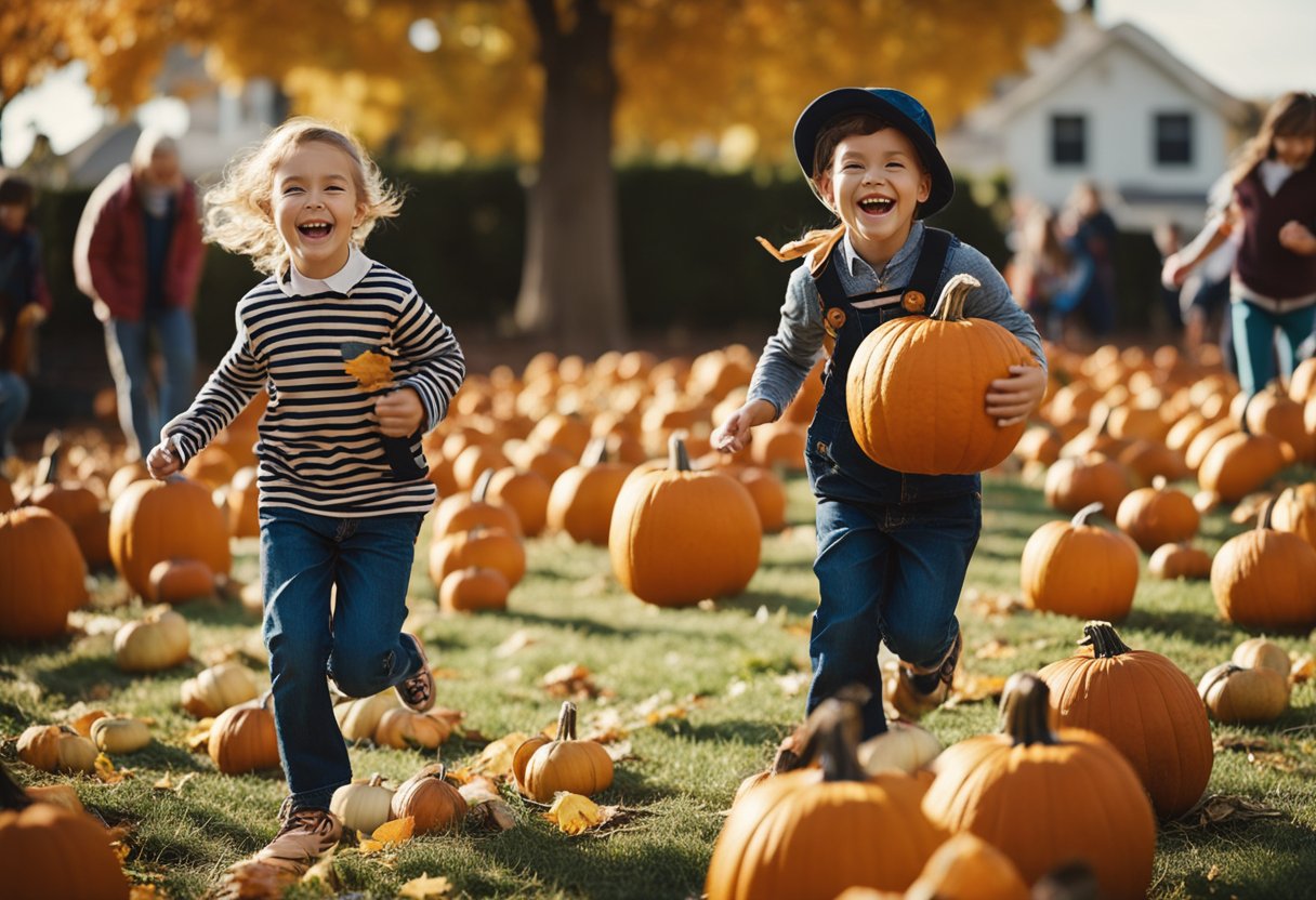 Children laughing and running through a pumpkin patch. Families carving jack-o-lanterns and decorating their homes. Trick-or-treaters walking through neighborhoods with colorful costumes