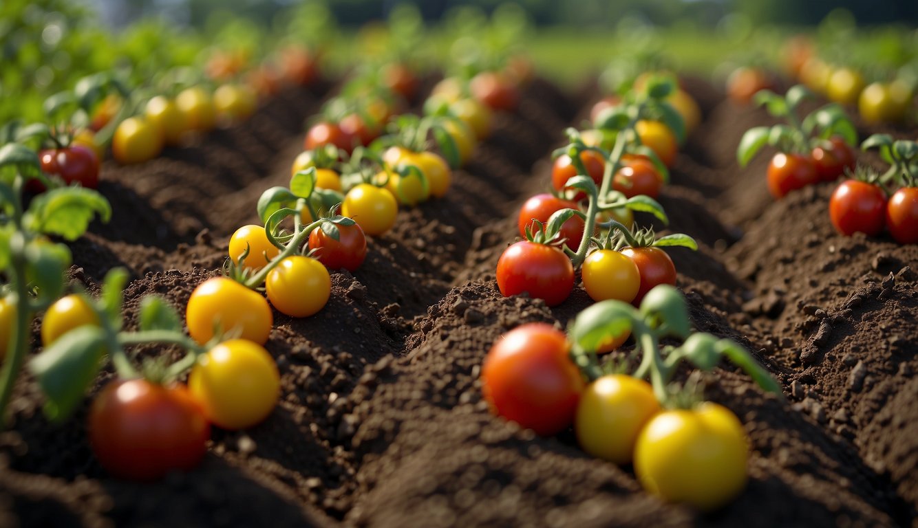 Tomato varieties arranged in rows, planted sideways in rich soil, with green leaves and small yellow flowers