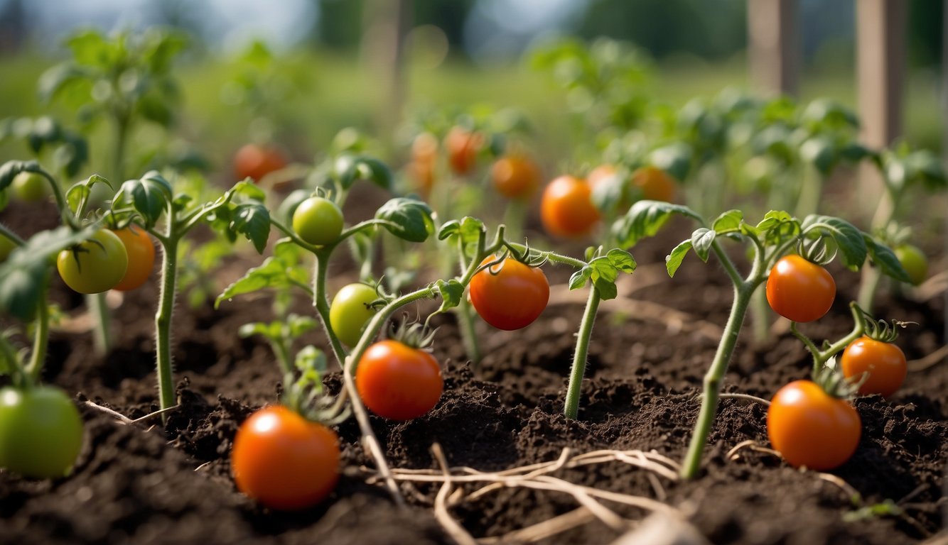 Tomato plants are planted sideways in a garden bed. Stakes and twine provide support for the plants as they grow and produce fruit