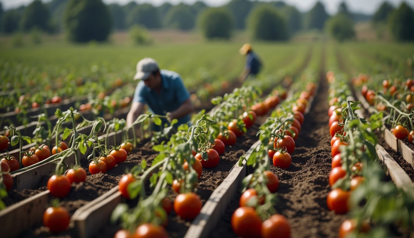 Tomatoes are planted sideways in rows, workers harvest and store the ripe fruits in crates