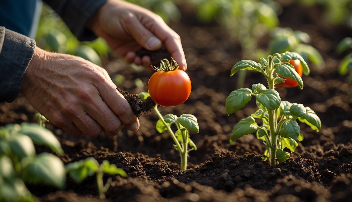 Tomato plants being planted horizontally in soil, with a gardener's hand holding the stem and gently tucking it into the ground