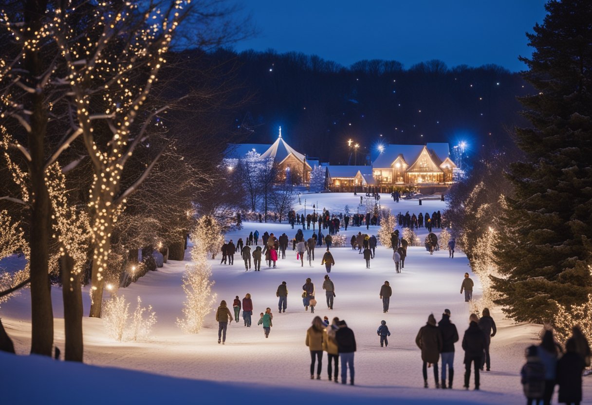 Snow-covered landscape with twinkling holiday lights, ice skating rink, and families sledding down hills in Missouri's winter wonderland