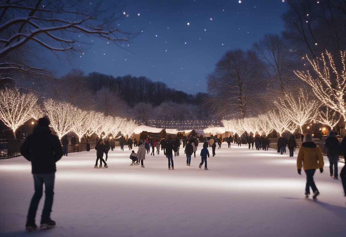 A snowy landscape with twinkling holiday lights, ice skating rink, and families sledding down hills in Missouri's winter wonderland