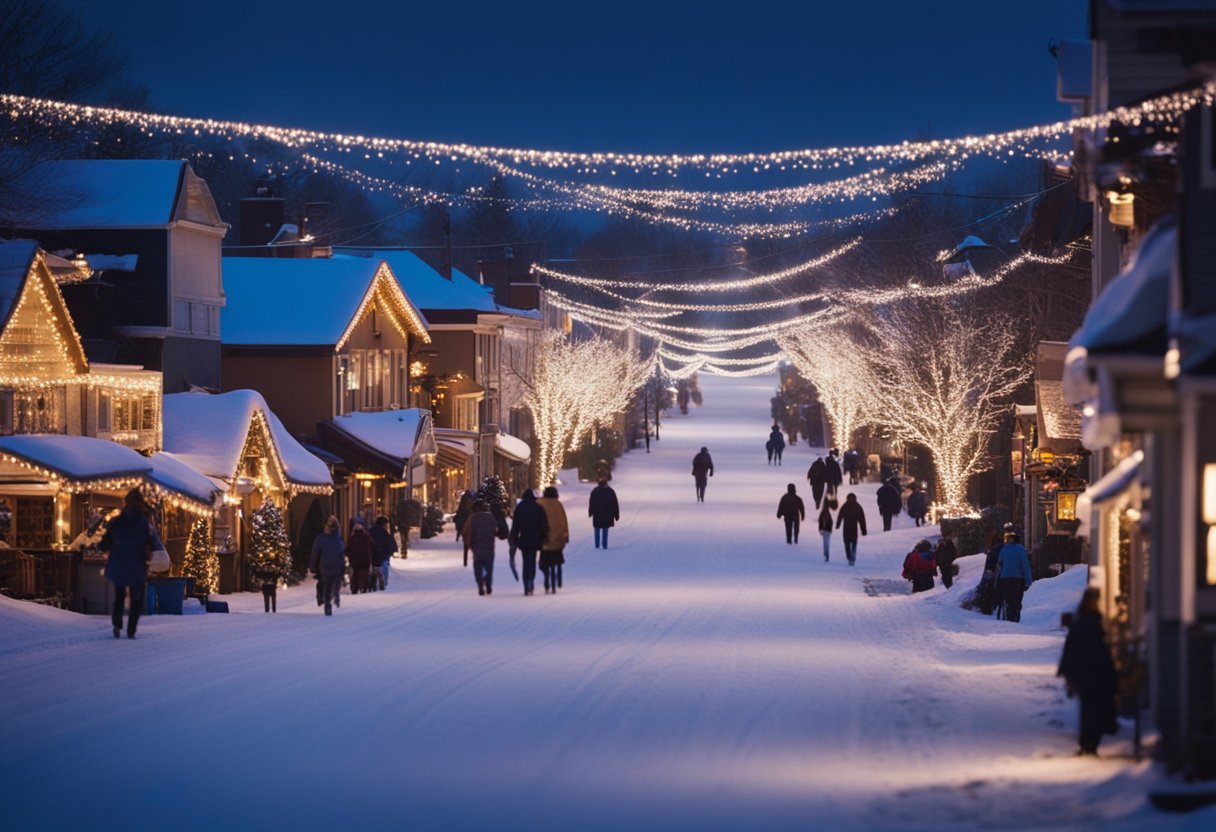 Snow-covered streets lined with twinkling holiday lights, ice skaters gliding on frozen ponds, and families sledding down hills in Missouri's Christmas towns