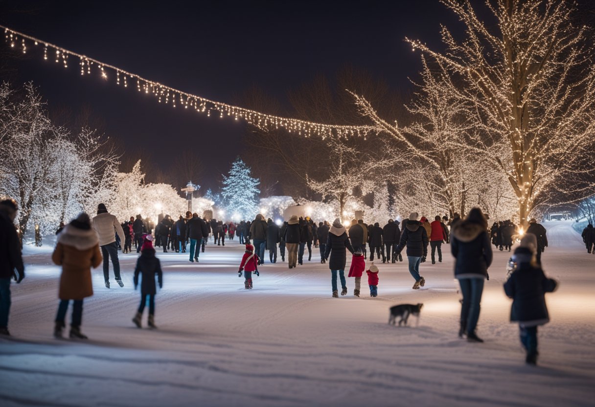A bustling winter scene with twinkling holiday lights, families ice skating, and children sledding in a snowy Missouri landscape