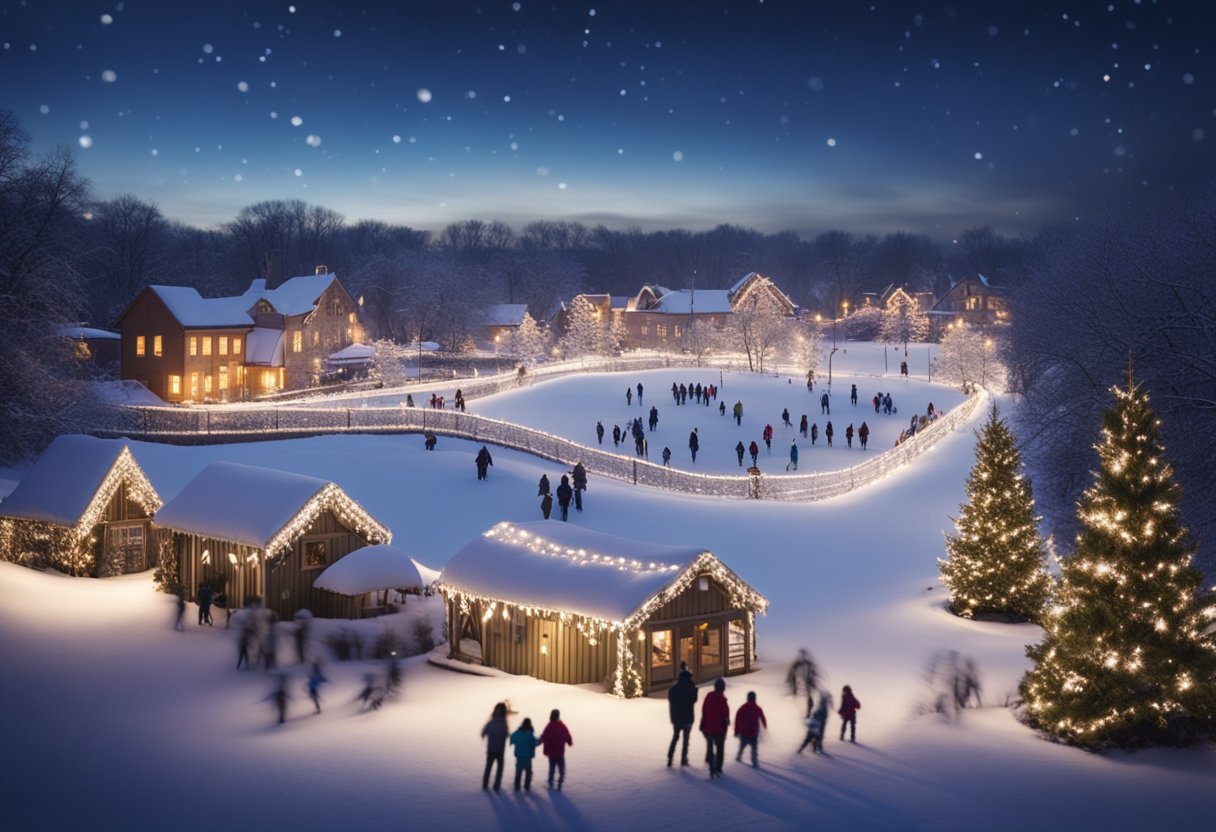 A snow-covered landscape with twinkling holiday lights, ice skaters gliding on a frozen pond, and children sledding down a hill in Missouri's winter wonderland