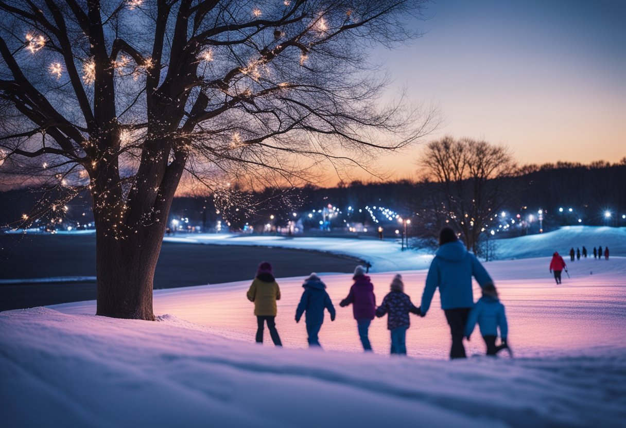 A snowy landscape with colorful holiday lights, families ice skating on a frozen pond, and children sledding down a hill in Missouri