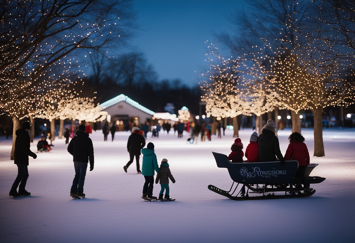 Families skate and sled under twinkling holiday lights in Missouri's winter wonderland
