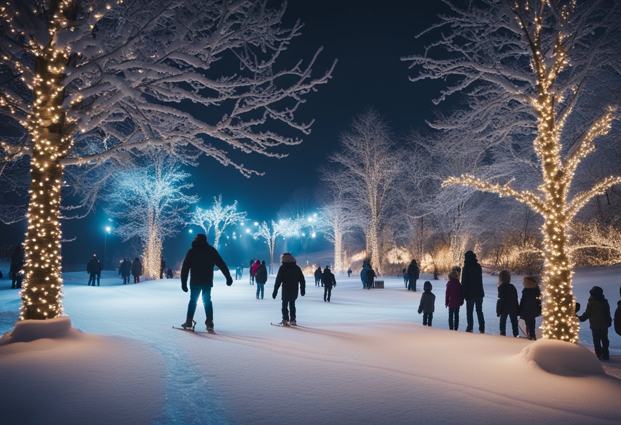 A snowy landscape with twinkling holiday lights, families ice skating on a frozen pond, and children sledding down a hill in Missouri's winter wonderland